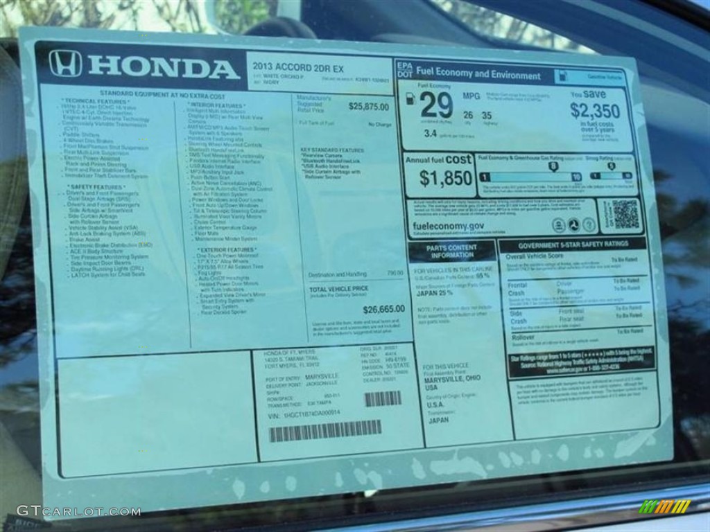 2013 Honda Accord EX Coupe Window Sticker Photo #72993920