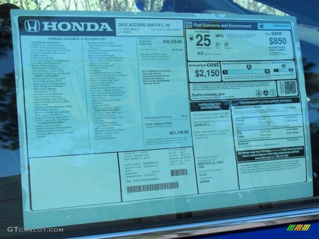 2013 Honda Accord EX-L V6 Coupe Window Sticker Photo #72994234