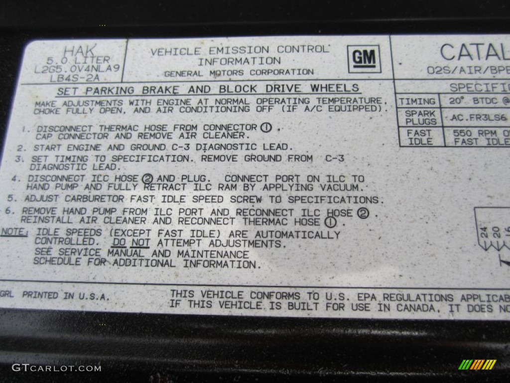 1990 Cadillac Brougham Standard Brougham Model Info Tag Photo #73004297