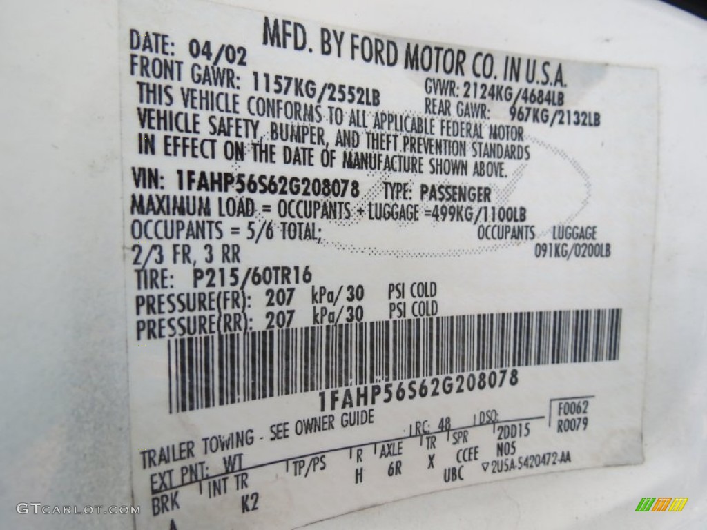 2002 Taurus Color Code W1 for Vibrant White Photo #73015739