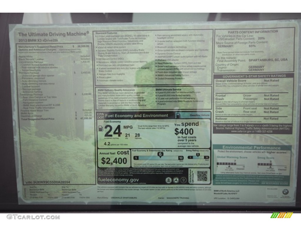 2013 BMW X3 xDrive 28i Window Sticker Photo #73023412