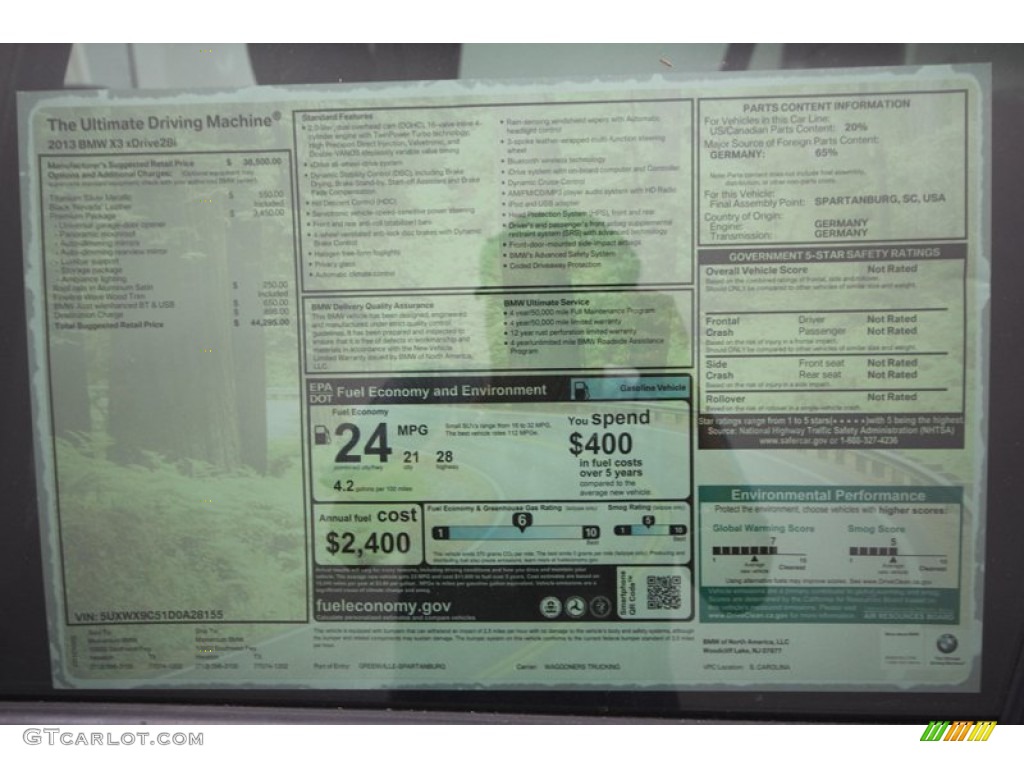 2013 BMW X3 xDrive 28i Window Sticker Photo #73024051