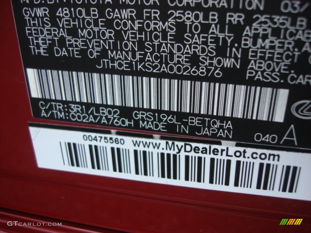 2010 GS Color Code 3R1 for Matador Red Mica Photo #73030717