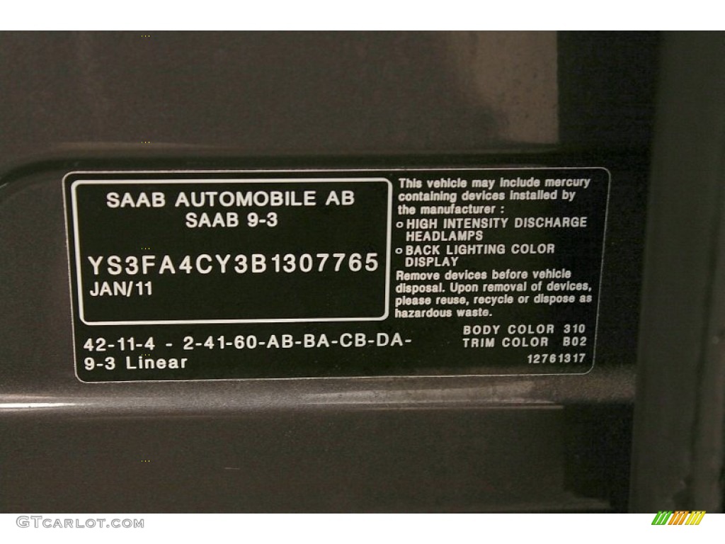 2011 9-3 Color Code 310 for Carbon Grey Metallic Photo #73035667