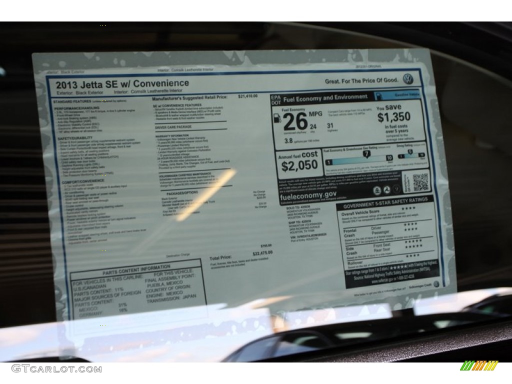 2013 Volkswagen Jetta SE Sedan Window Sticker Photo #73040926