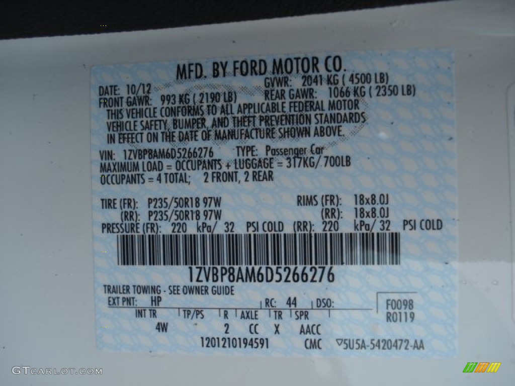 2013 Mustang Color Code HP for Performance White Photo #73044835