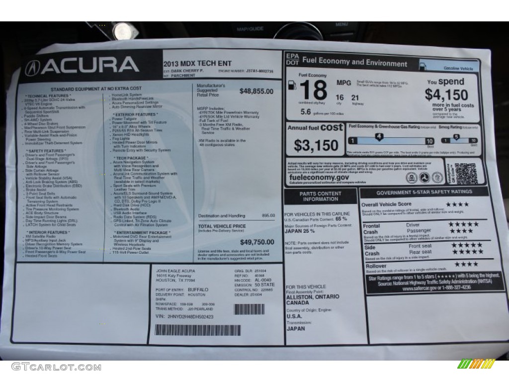 2013 Acura MDX SH-AWD Technology Window Sticker Photo #73045057