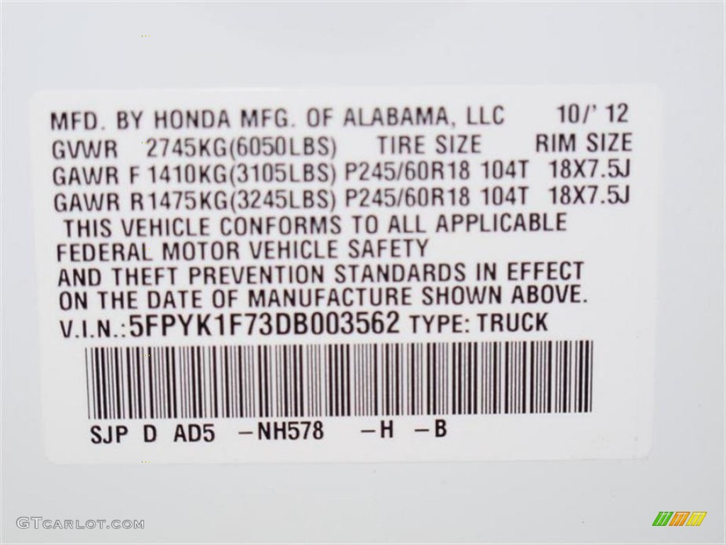 2013 Ridgeline Color Code NH578 for White Photo #73057941