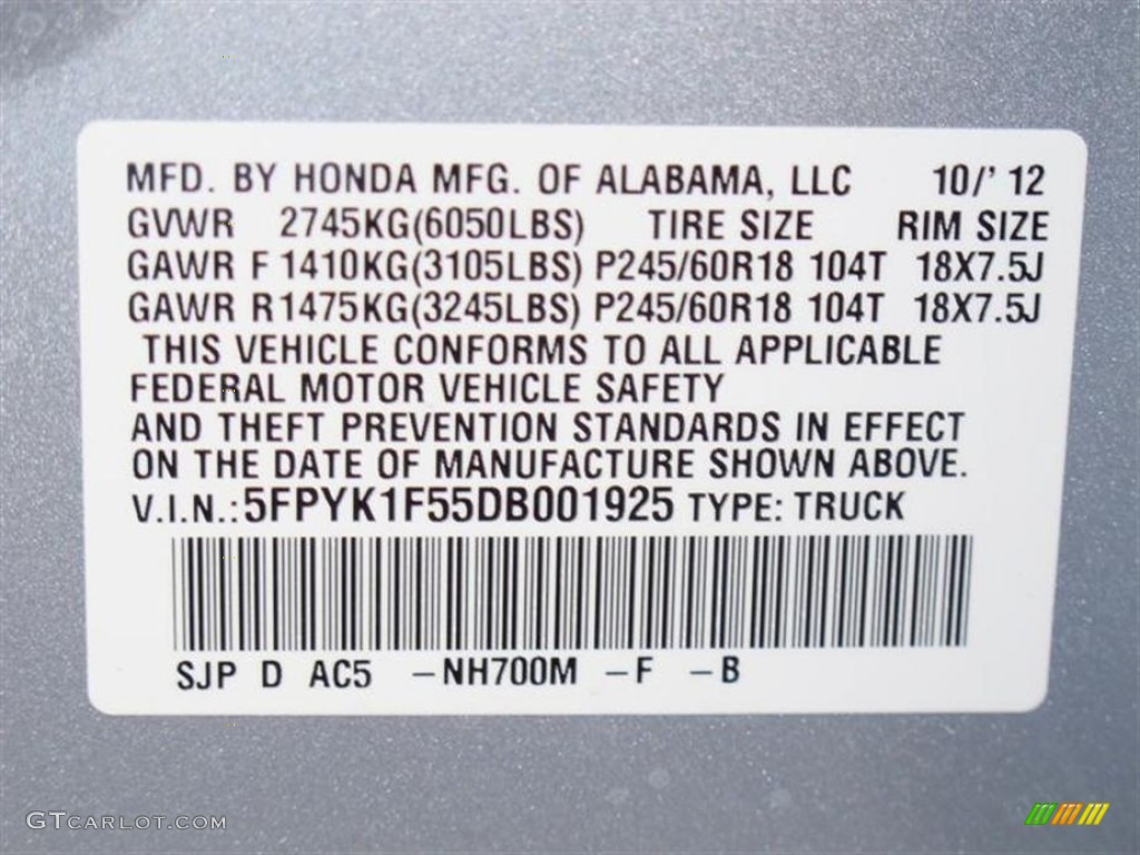 2013 Ridgeline Color Code NH700M for Alabaster Silver Metallic Photo #73058280