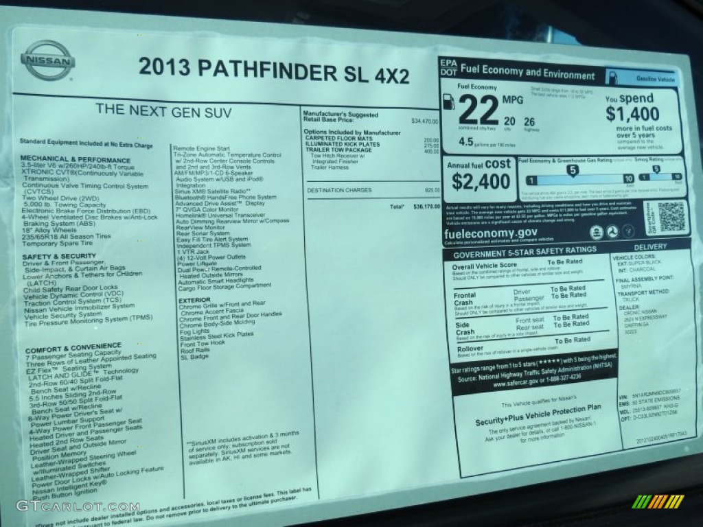 2013 Nissan Pathfinder SL Window Sticker Photo #73064805
