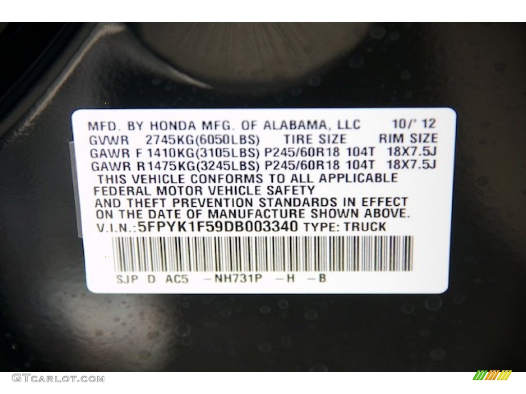 2013 Ridgeline Color Code NH731P for Crystal Black Pearl Photo #73070688