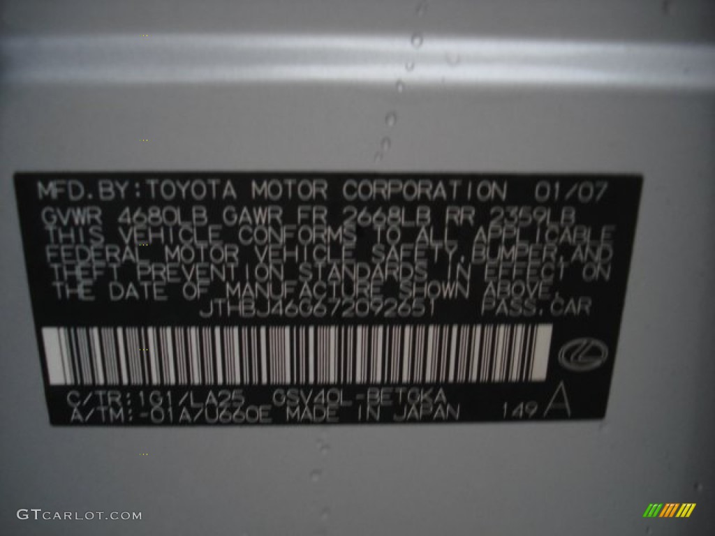 2007 ES Color Code 1G1 for Tungsten Silver Metallic Photo #73073541