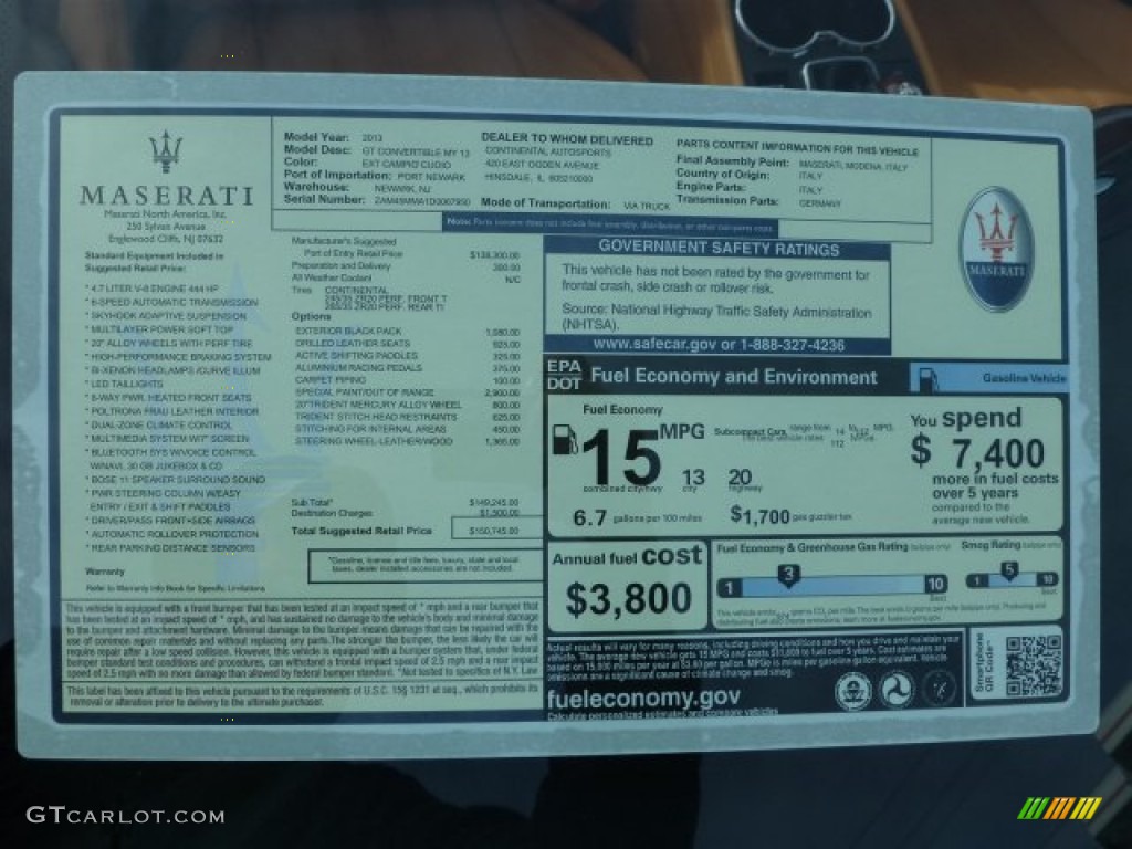 2013 Maserati GranTurismo Convertible GranCabrio Window Sticker Photo #73080246