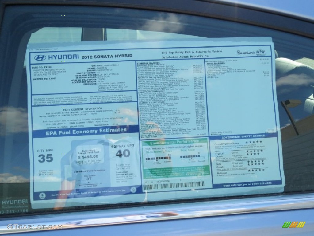 2012 Sonata Hybrid - Blue Sky Metallic / Gray photo #33