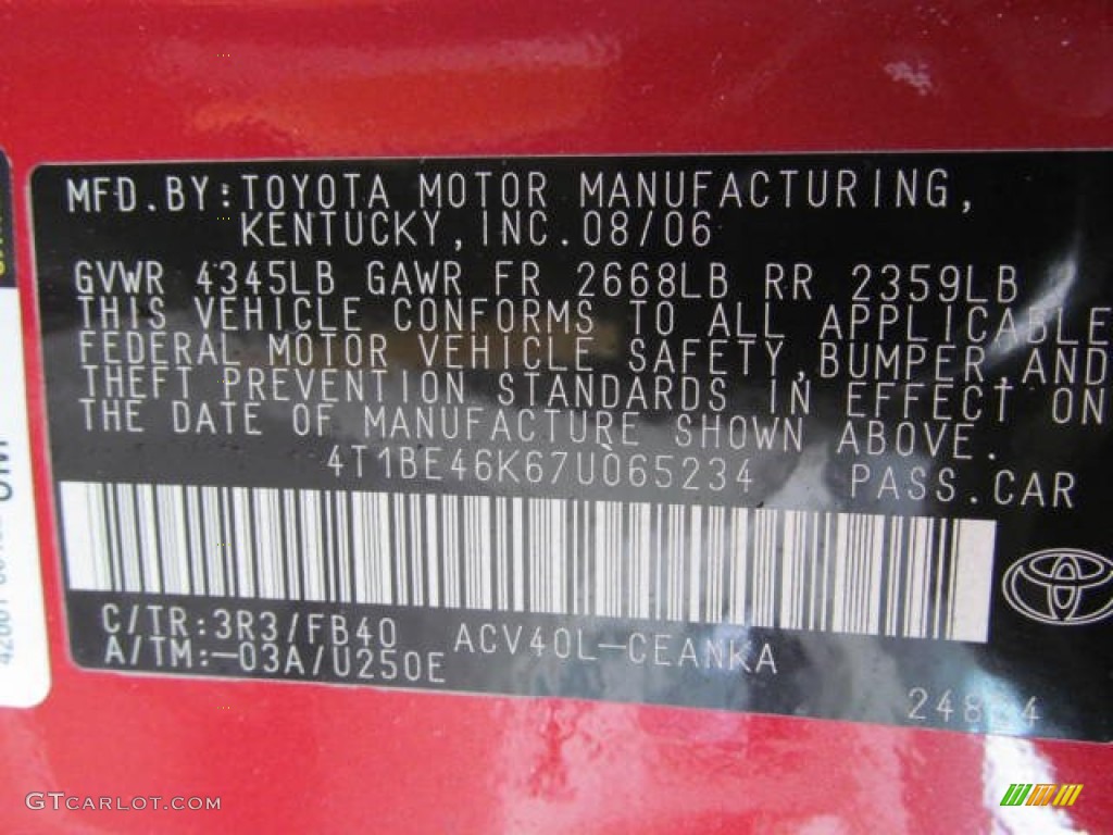 2007 Camry Color Code 3R3 for Barcelona Red Metallic Photo #73147347
