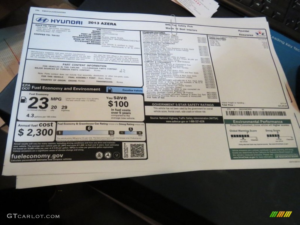 2013 Hyundai Azera Standard Azera Model Window Sticker Photo #73149489