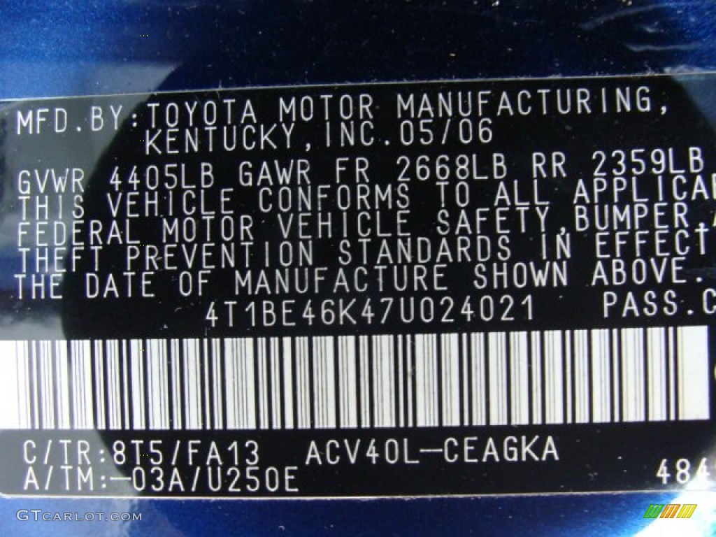 2007 Toyota Camry XLE Color Code Photos