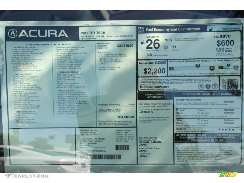 2013 Acura TSX Technology Window Sticker Photo #73209311