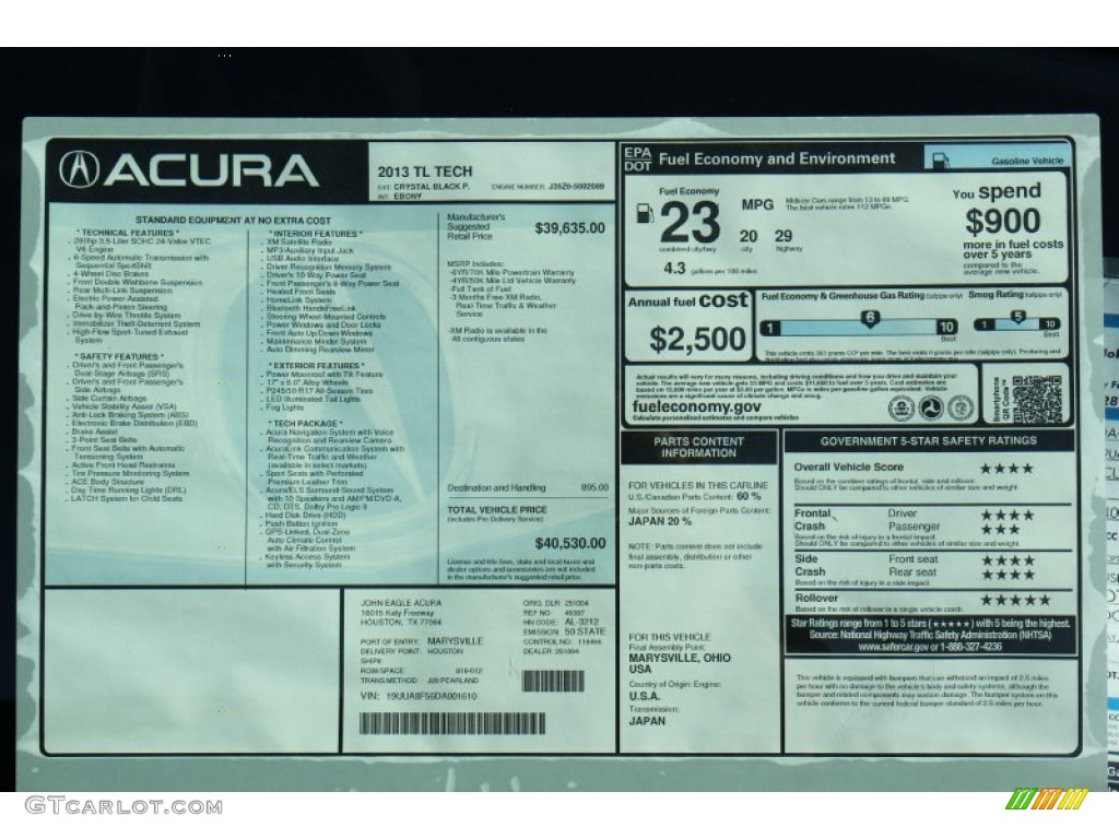 2013 Acura TL Technology Window Sticker Photos