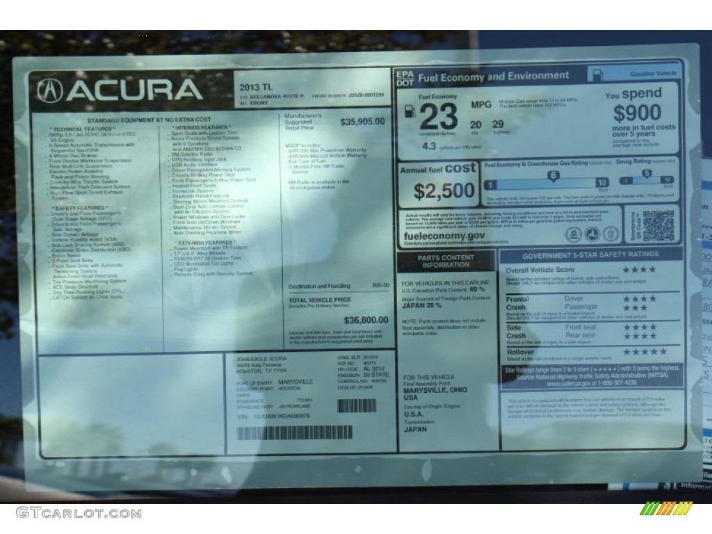 2013 Acura TL Standard TL Model Window Sticker Photo #73210519