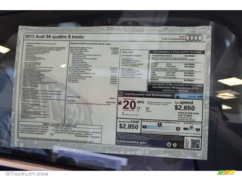 2013 Audi S6 4.0 TFSI quattro Sedan Window Sticker Photo #73210605