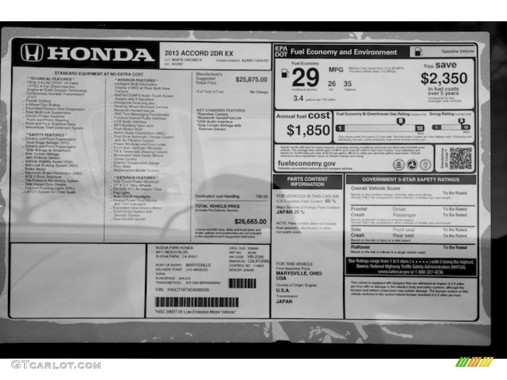 2013 Honda Accord EX Coupe Window Sticker Photo #73214304