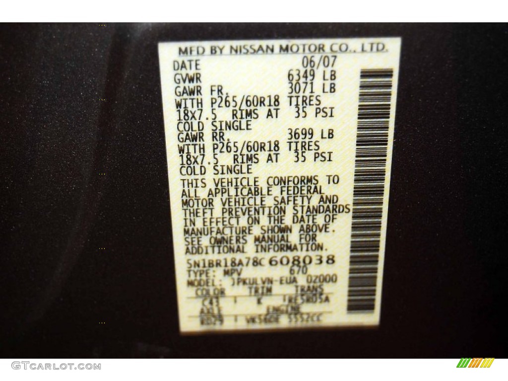 2008 Nissan Pathfinder LE V8 Color Code Photos