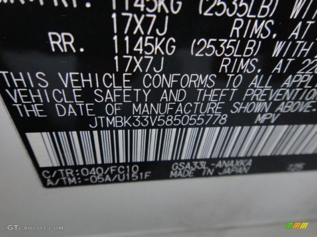 2008 Toyota RAV4 V6 4WD Color Code Photos