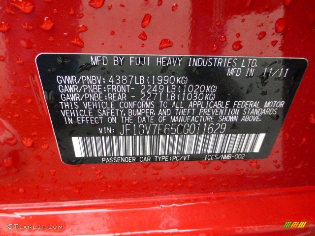 2012 Subaru Impreza WRX Premium 4 Door Info Tag Photos