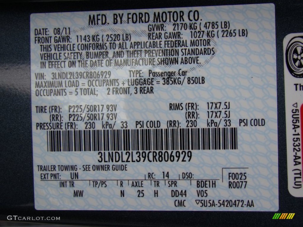 2012 Lincoln MKZ Hybrid Color Code Photos