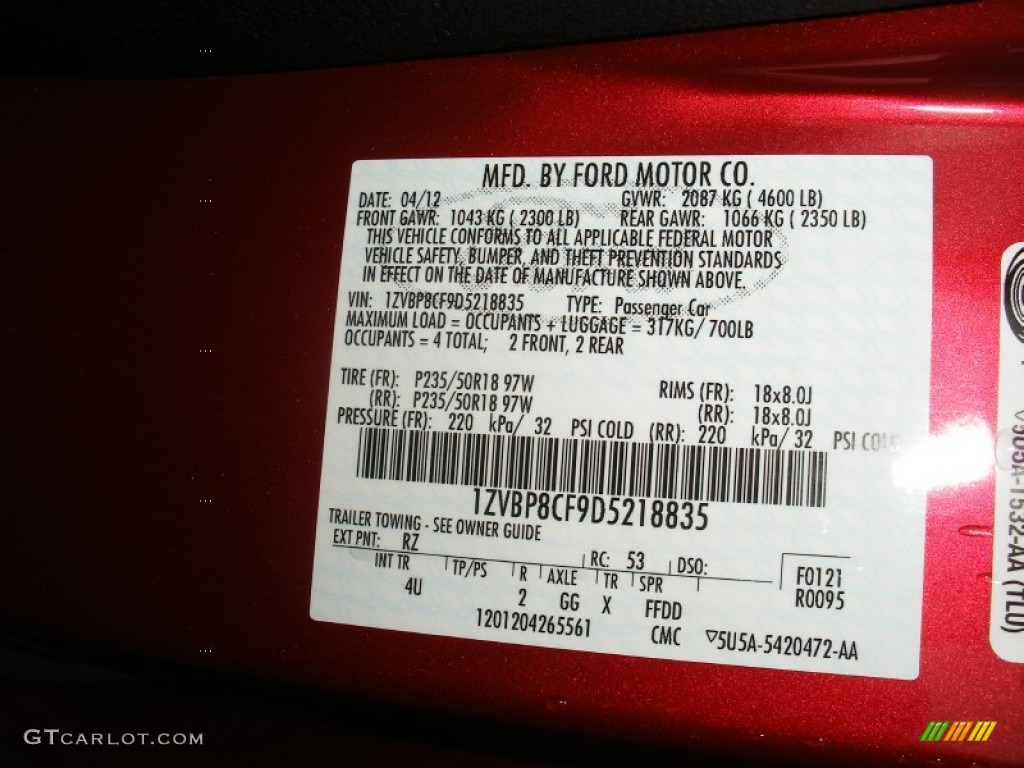 2013 Mustang Color Code RZ for Red Candy Metallic Photo #73302793