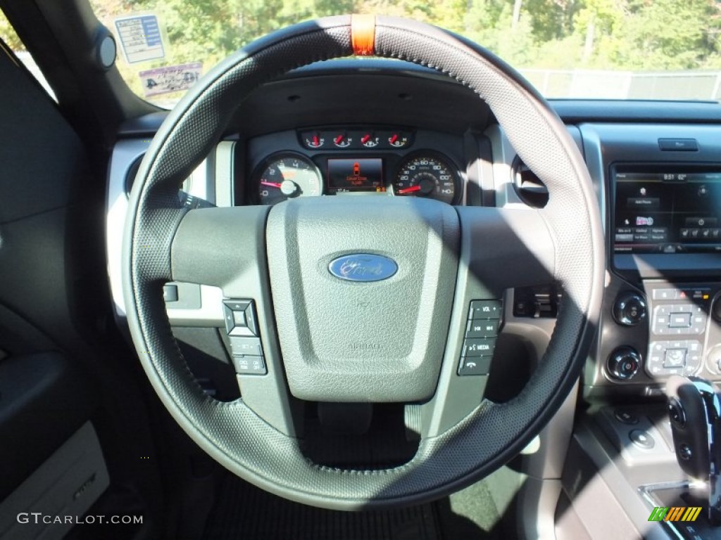 2013 Ford F150 SVT Raptor SuperCrew 4x4 Raptor Black Leather/Cloth Steering Wheel Photo #73316250