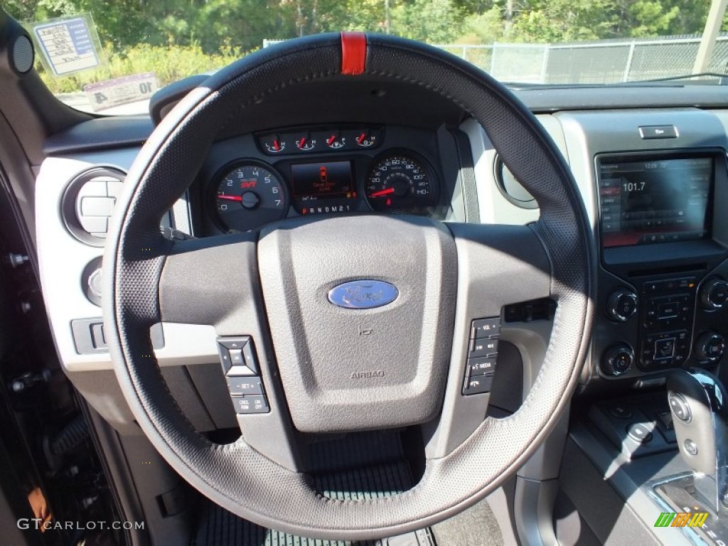 2013 Ford F150 SVT Raptor SuperCrew 4x4 Raptor Black Leather/Cloth Steering Wheel Photo #73316862