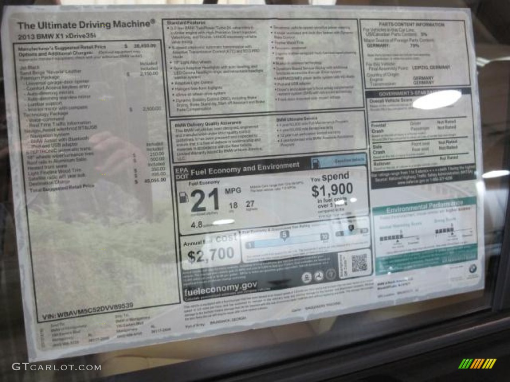 2013 BMW X1 xDrive 35i Window Sticker Photo #73319964