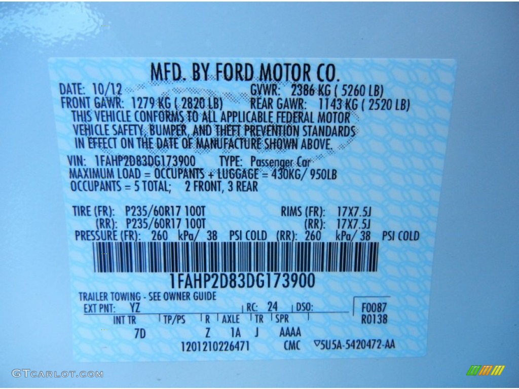 2013 Taurus Color Code YZ for Oxford White Photo #73352340