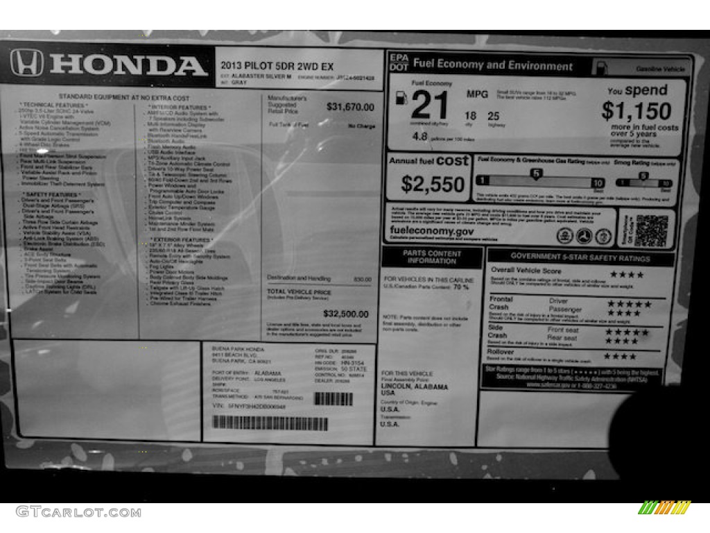 2013 Honda Pilot EX Window Sticker Photos