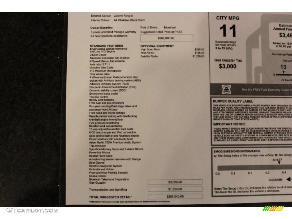 2009 Aston Martin DBS Coupe Window Sticker Photo #73361075