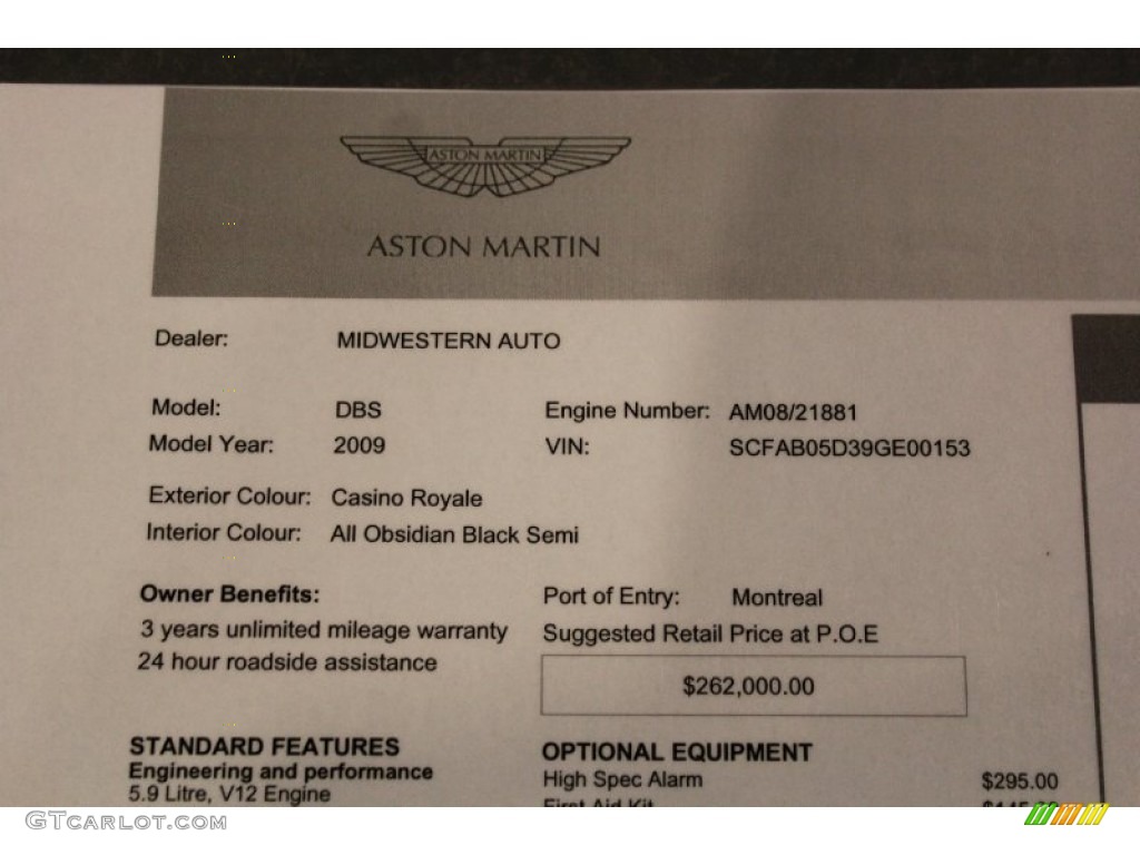 2009 Aston Martin DBS Coupe Window Sticker Photo #73361105