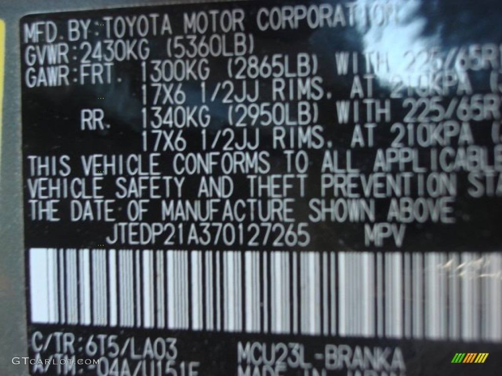 2007 Toyota Highlander Limited Color Code Photos