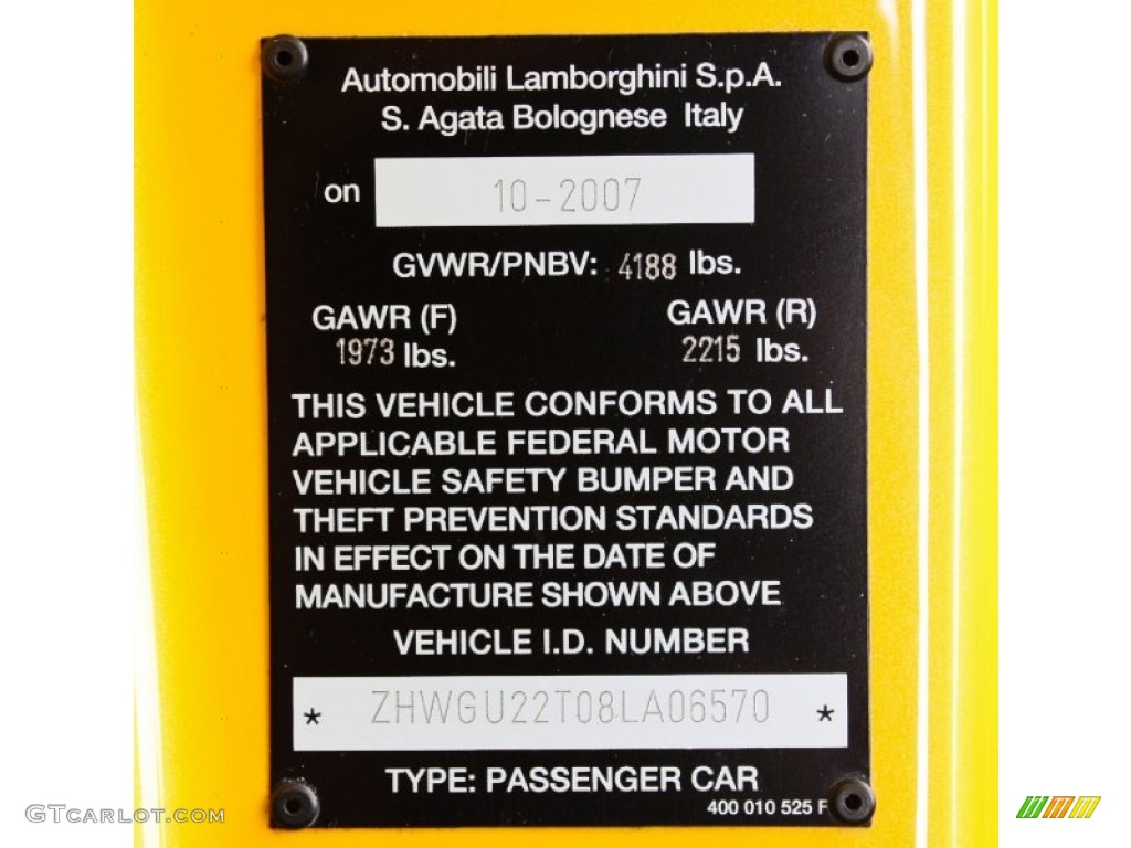 2008 Lamborghini Gallardo Spyder Info Tag Photo #73366709