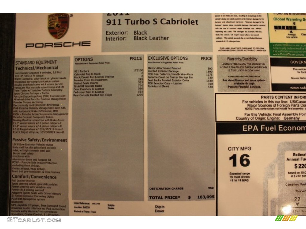 2011 Porsche 911 Turbo S Cabriolet Window Sticker Photo #73371932