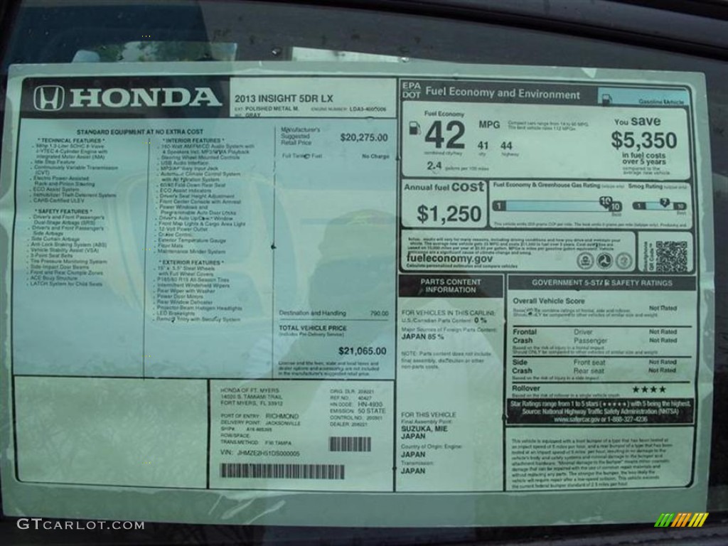 2013 Honda Insight LX Hybrid Window Sticker Photo #73380809