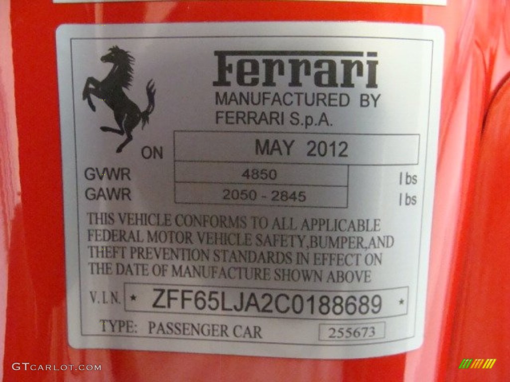 2012 Ferrari California Standard California Model Info Tag Photo #73394927