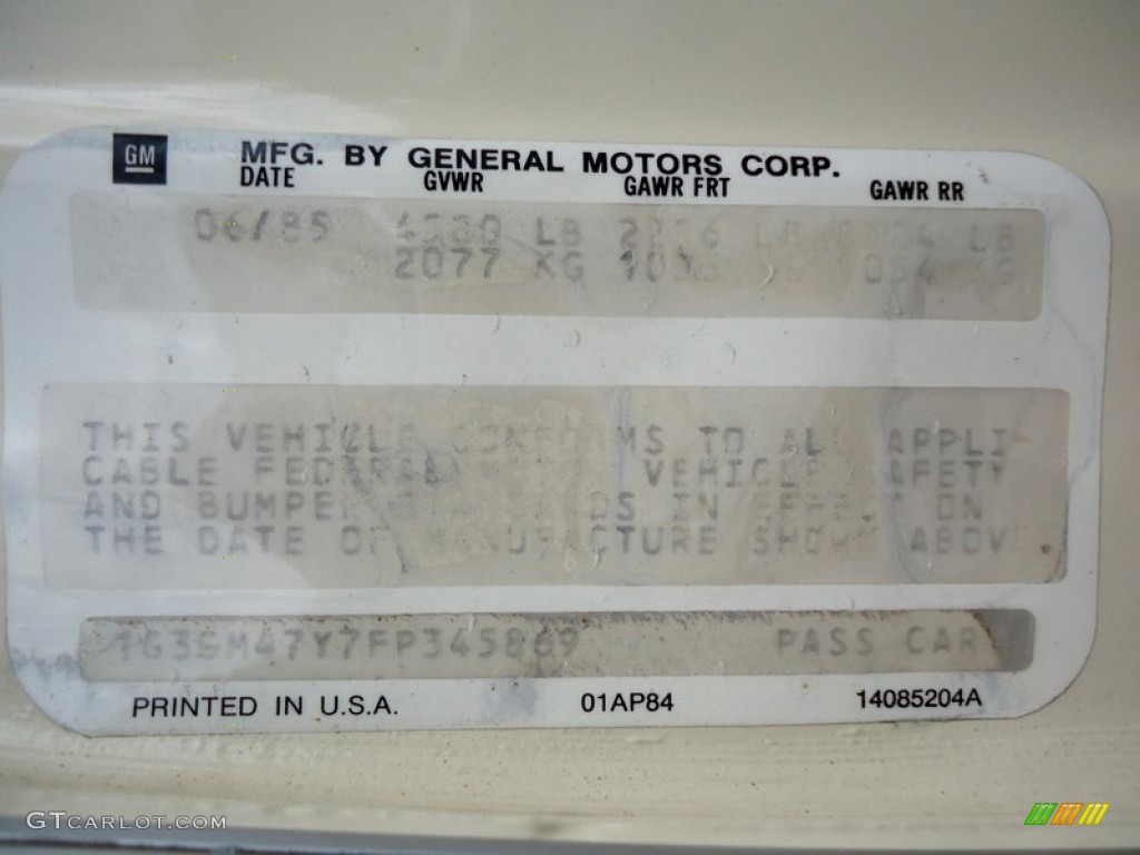 1985 Oldsmobile Cutlass Supreme Brougham Coupe Info Tag Photo #73415787