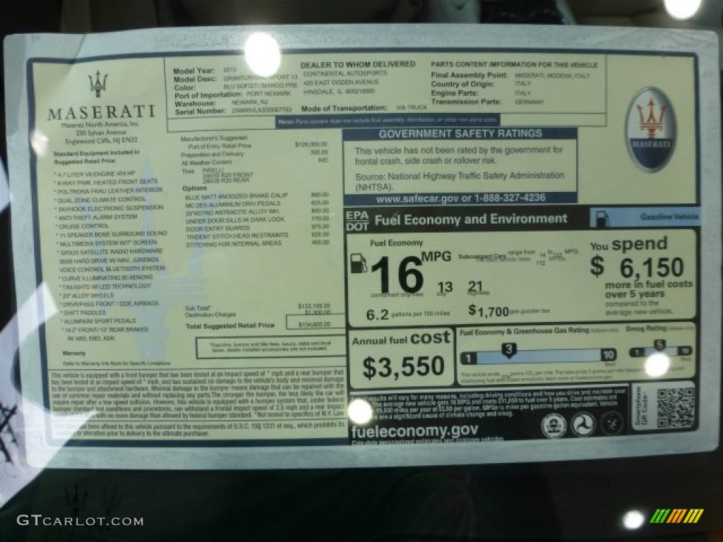 2013 Maserati GranTurismo Sport Coupe Window Sticker Photo #73438237