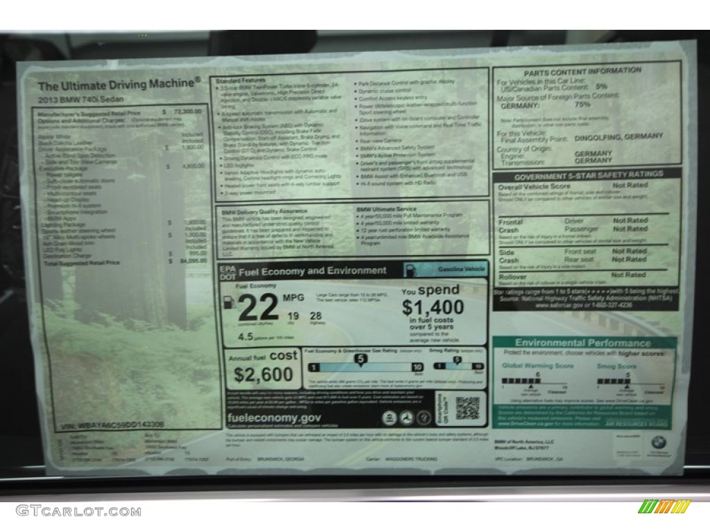 2013 BMW 7 Series 740i Sedan Window Sticker Photo #73452185