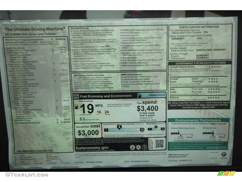 2013 BMW 5 Series 550i xDrive Gran Turismo Window Sticker Photos