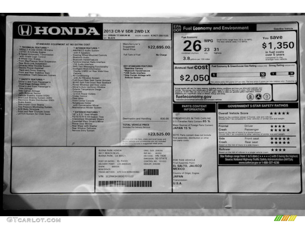 2013 Honda CR-V LX Window Sticker Photo #73508083