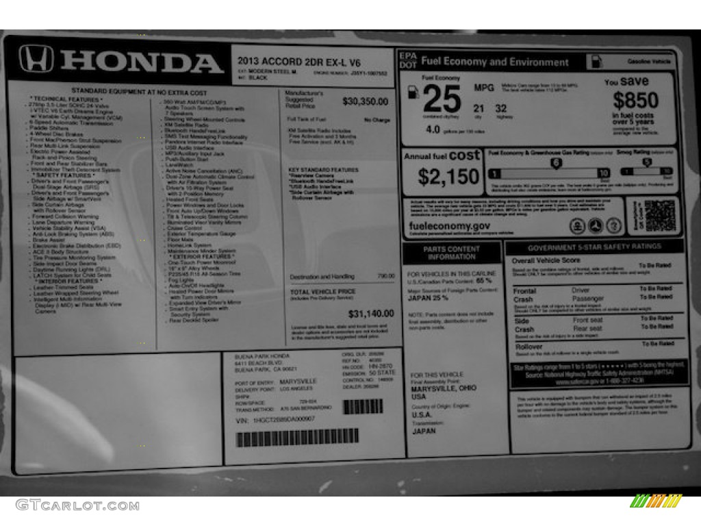 2013 Honda Accord EX-L V6 Coupe Window Sticker Photo #73510749
