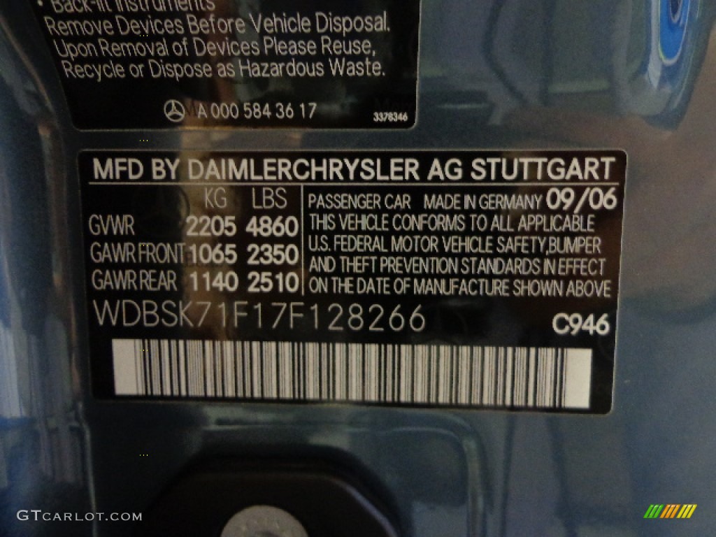 2007 SL Color Code 946 for Aegean Blue Metallic Photo #73515615